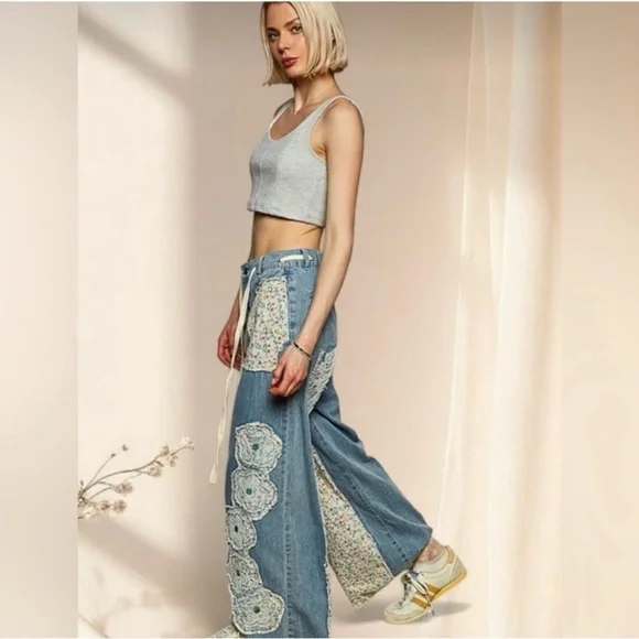 POL Boho Patchwork Denim Pants | Floral Appliqué Wide Leg Drawstring Jeans - Picture 5 of 9